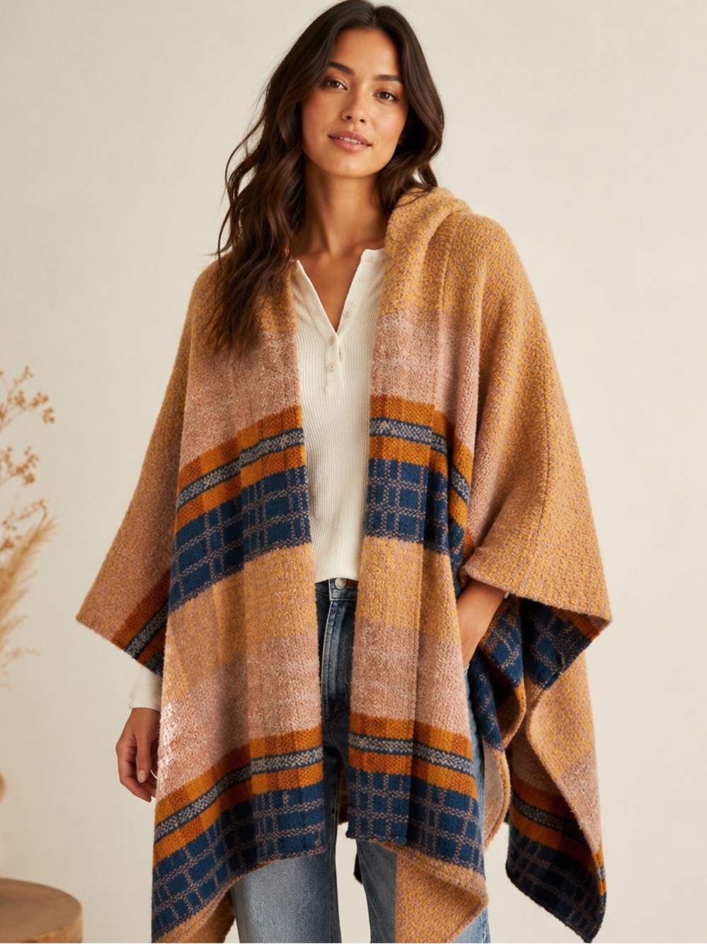 Free People Mercer Hooded Knit Poncho Sweater Oversized Striped Boho Shawl OS